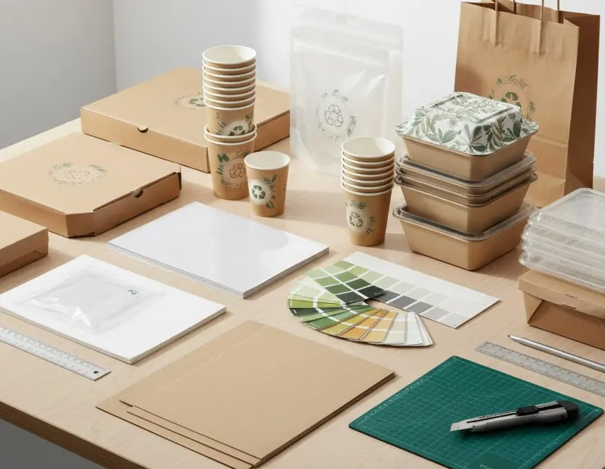 assortment-of-paper-and-plastic-packaging-materials-on-design-table-—-Papacko-customization-service