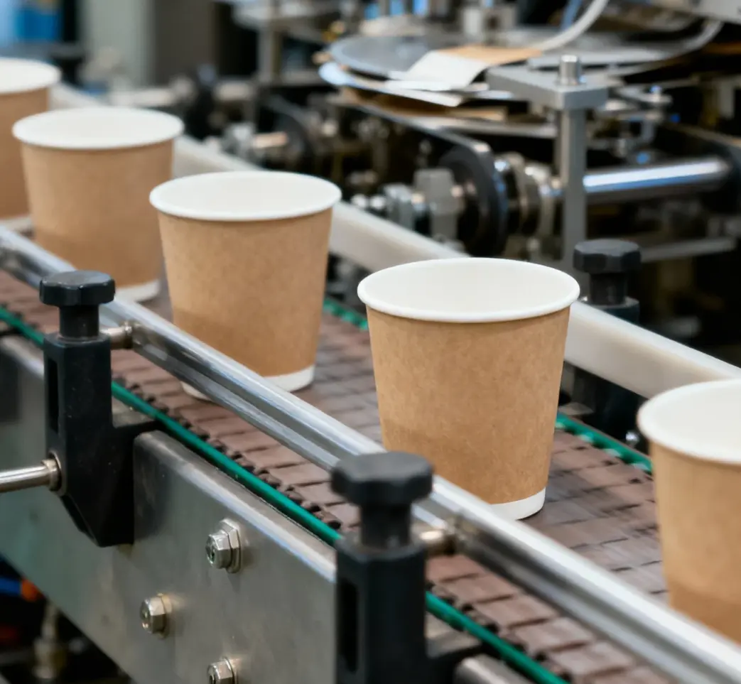 automatic forming machine and conveyor line inspecting paper cups — Papacko production