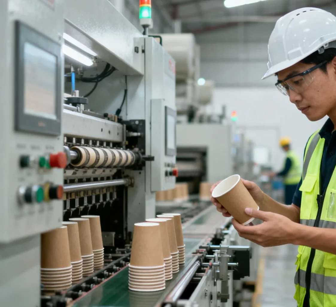 Papacko technician inspecting paper cup quality in clean production facility.