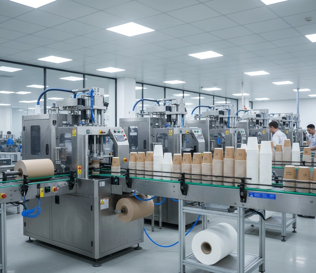 Papacko eco packaging factory — automated production lines for paper cups and food boxes.