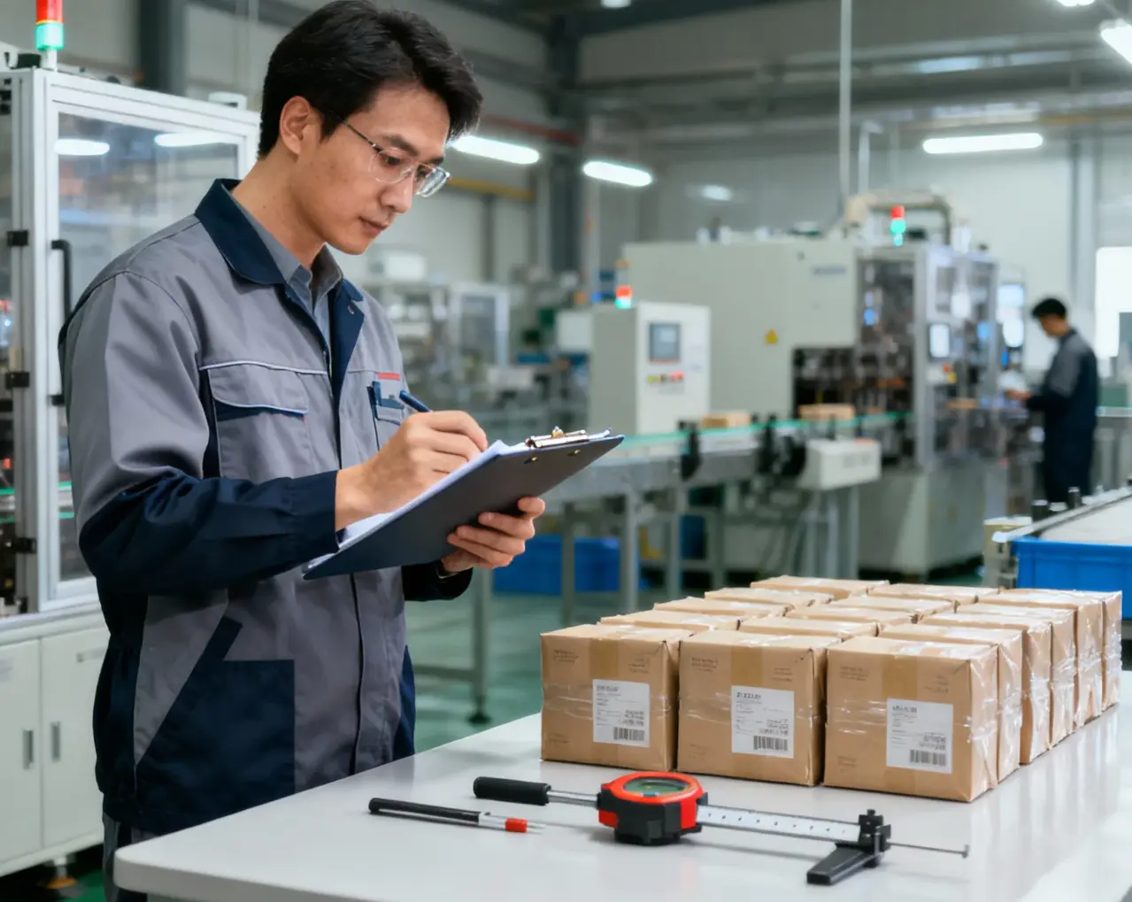 quality control engineer inspecting packaging products in Papacko factory