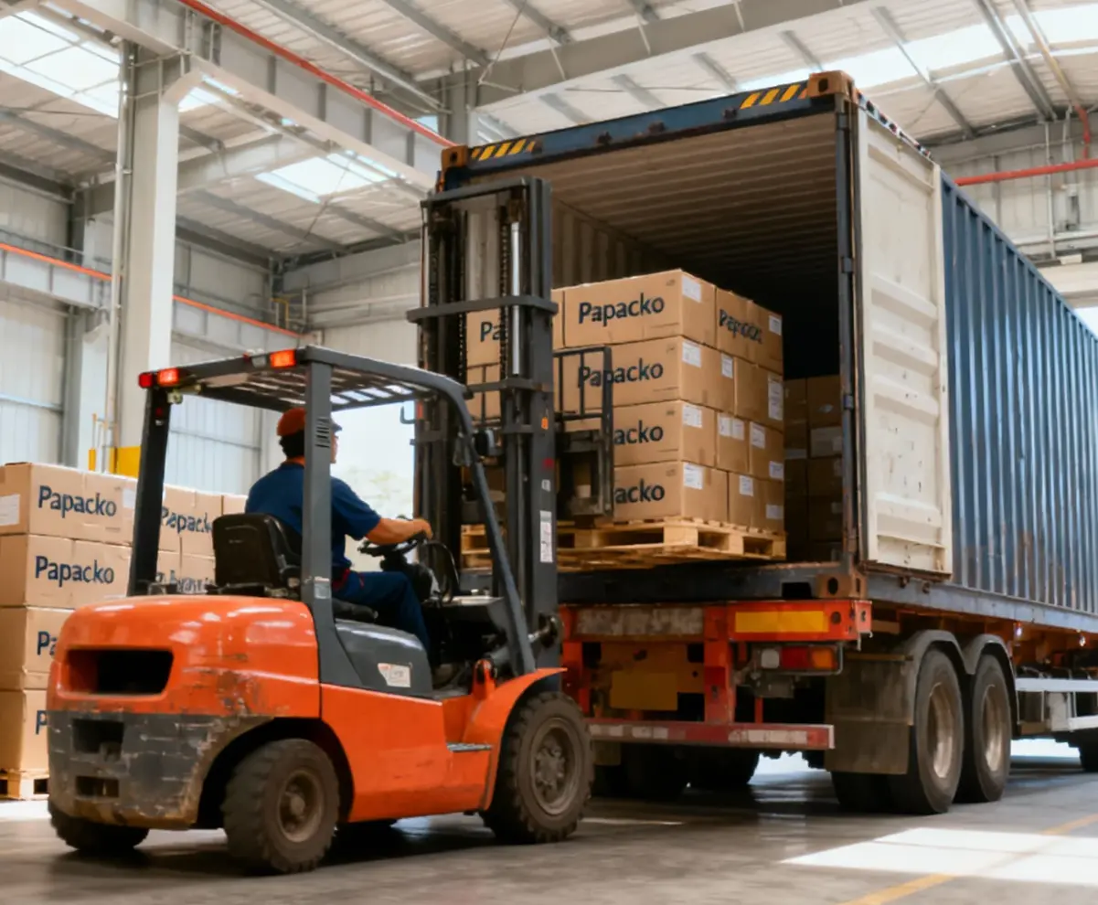 warehouse loading pallets of Papacko packaging products for global delivery