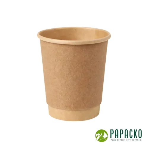 Papacko double wall paper cups in white and kraft color with lids, suitable for hot coffee and tea takeaway