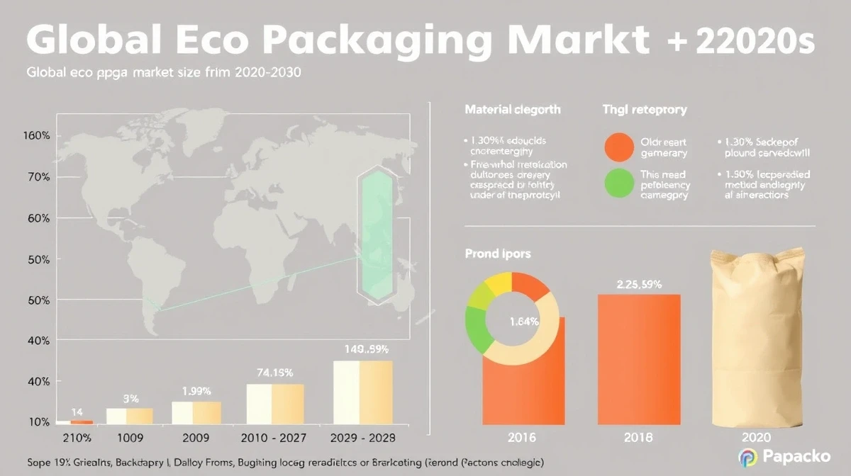 Papacko Infographic showing global eco packaging market size growth from 2020-2030 with regional breakdowns 
