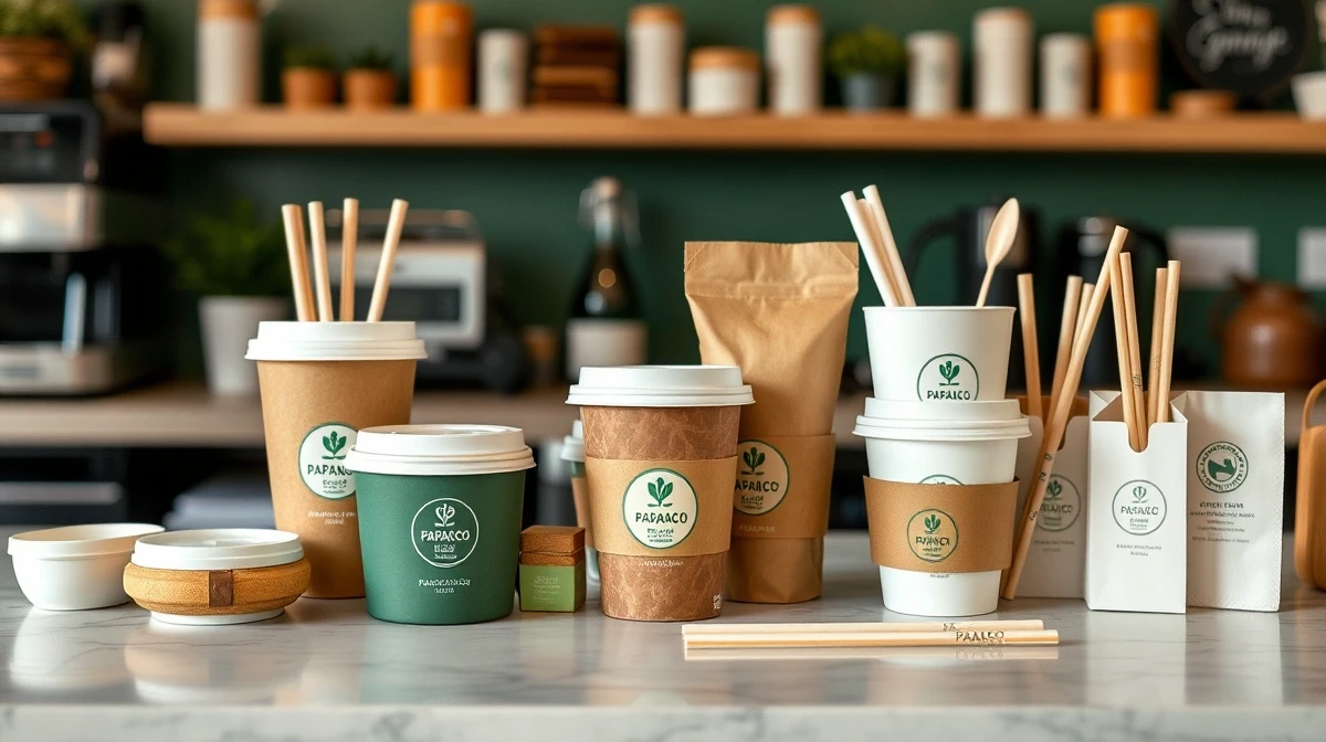 Papacko Variety of sustainable coffee accessories arranged on café counter - bamboo stirrers, compostable li
