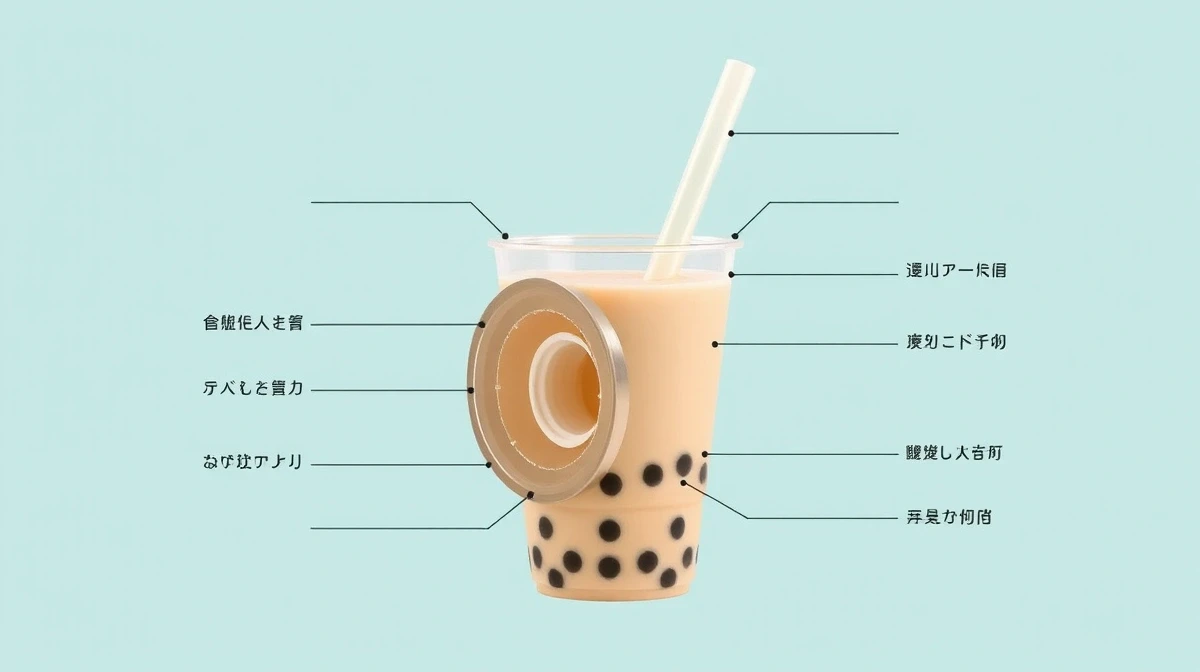 Papacko Technical diagram showing cross-section of bubble tea cup with labeled components - rim, coating lay