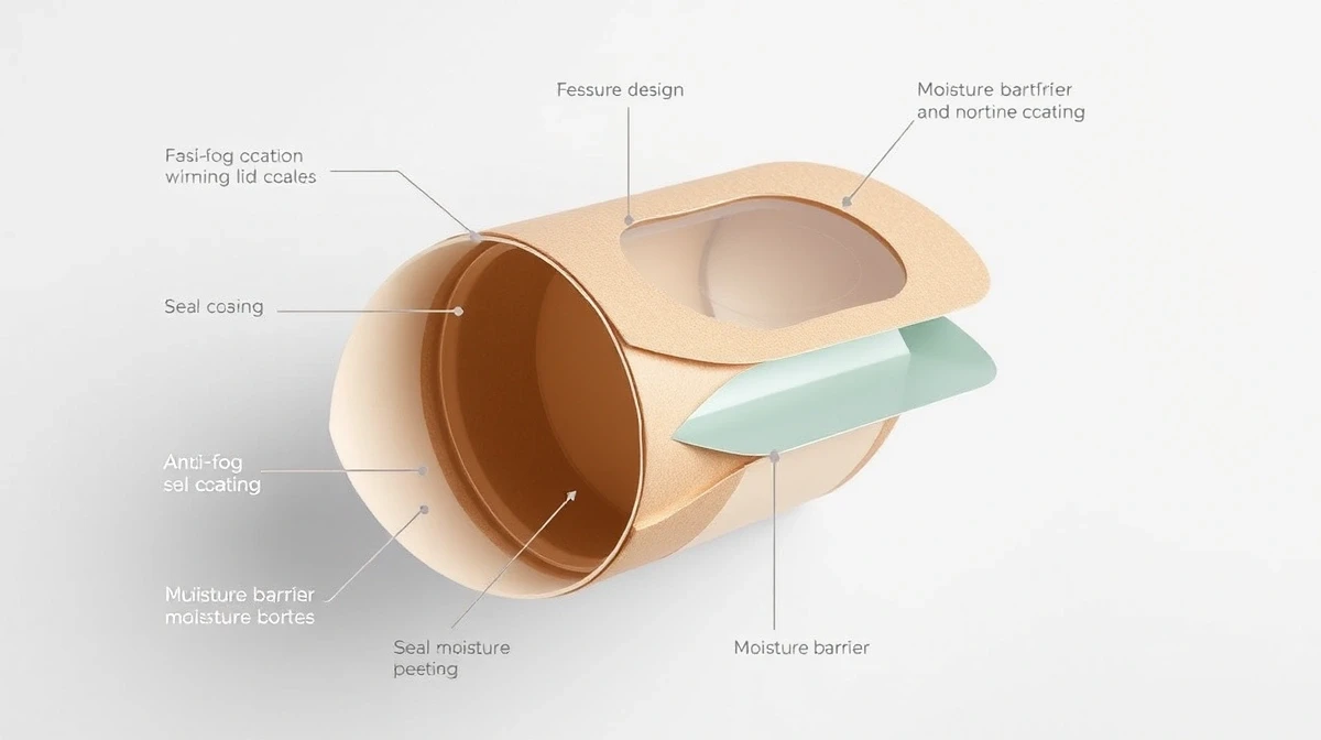 Papacko Technical cross-section diagram of paper bowl with window lid showing anti-fog coating, seal design,