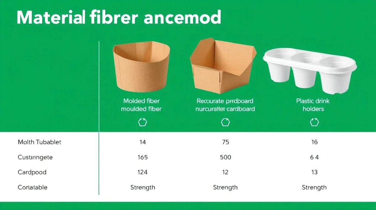 Papacko Material comparison chart showing molded fiber, corrugated cardboard, and plastic drink holders with