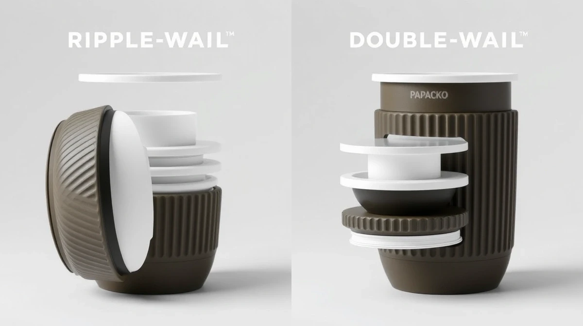 Papacko Side-by-side material comparison showing ripple wall vs double-wall cups disassembled to show layer 