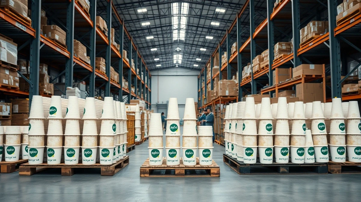 Papacko Warehouse setting with pallets of paper bubble tea cups, quality inspection station visible