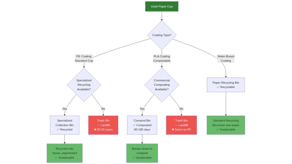 Decision tree showing paper cup disposal options based on coating type and available infrastructure