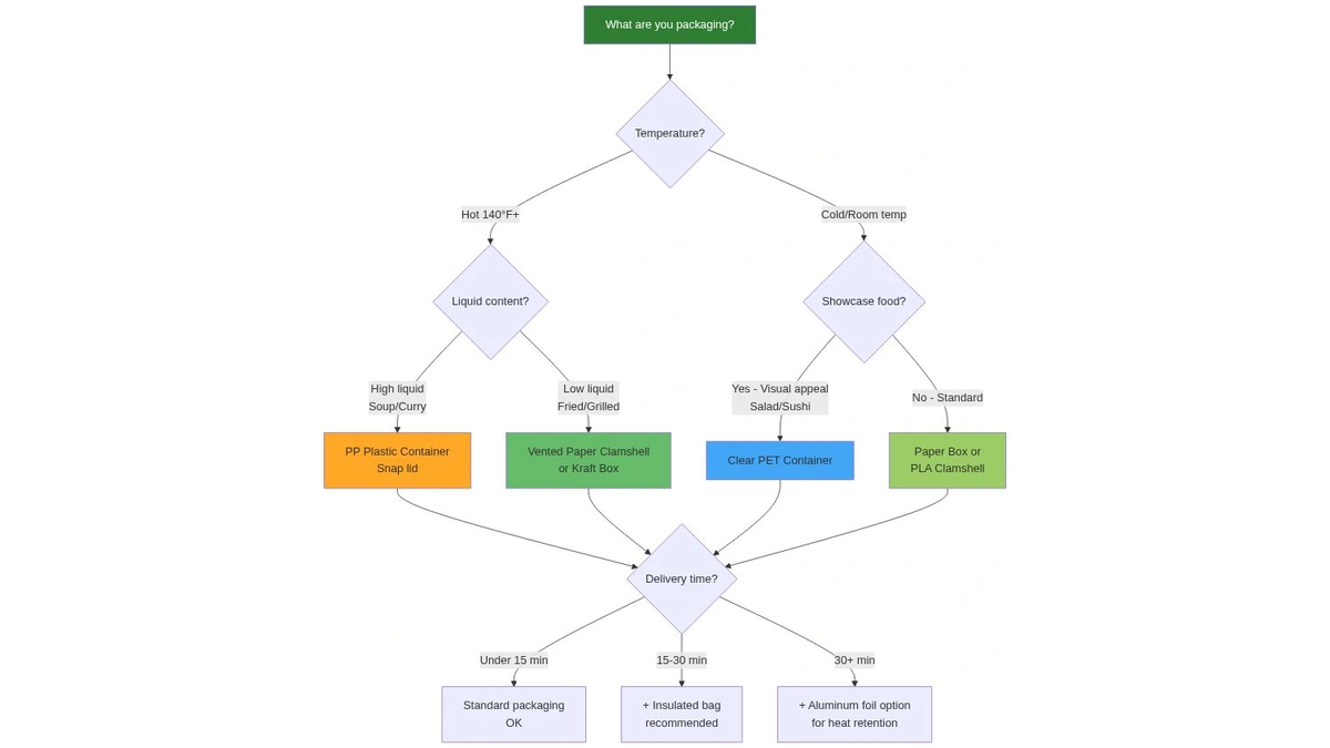 شجرة القرار لاختيار عبوات الطعام التي تستخدم لمرة واحدة بناءً على درجة الحرارة ومحتوى السوائل واحتياجات العرض ووقت التسليم
