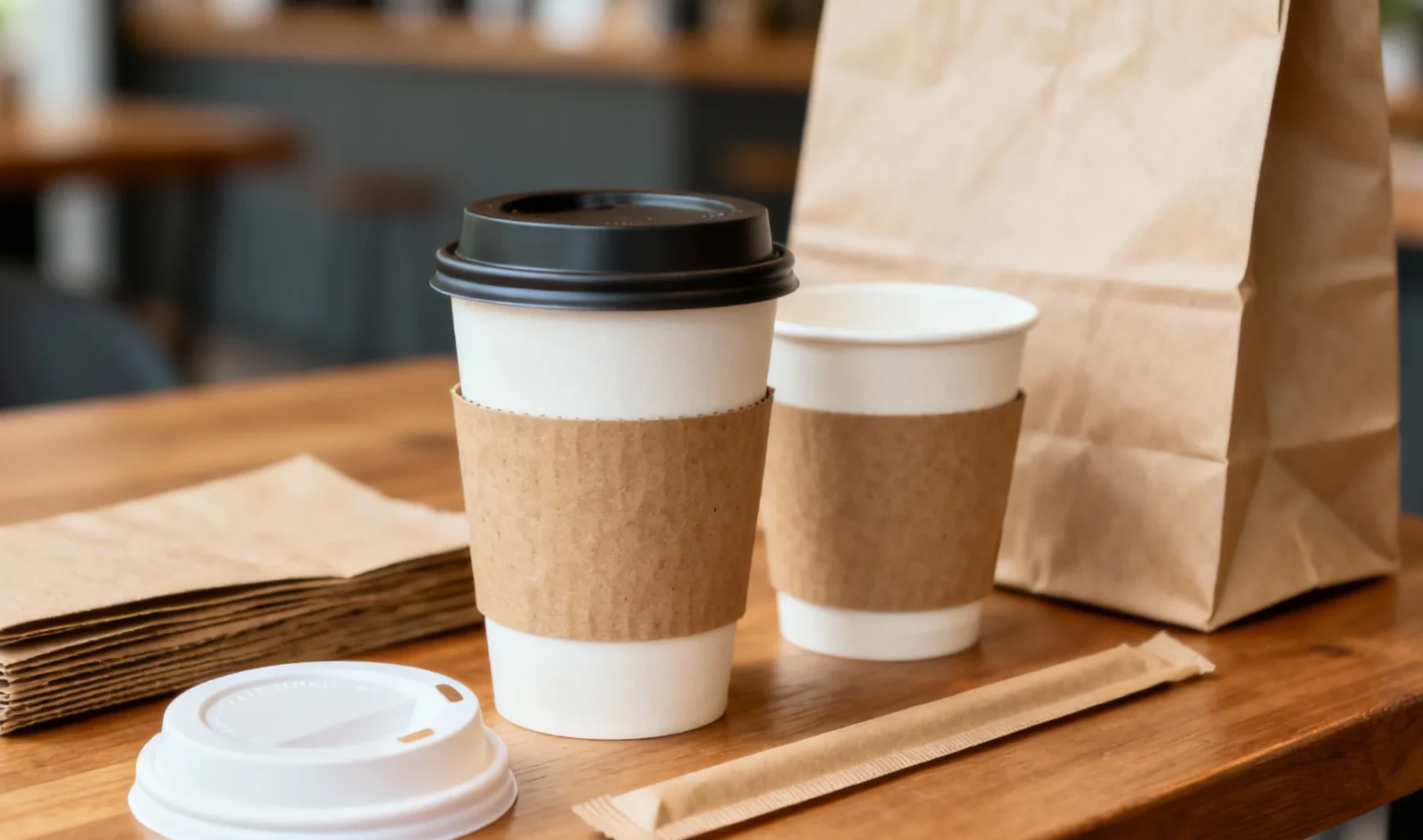 Papacko coffee packaging accessories including paper cup lids, kraft sleeves and paper bags displayed together on a wooden table under natural light