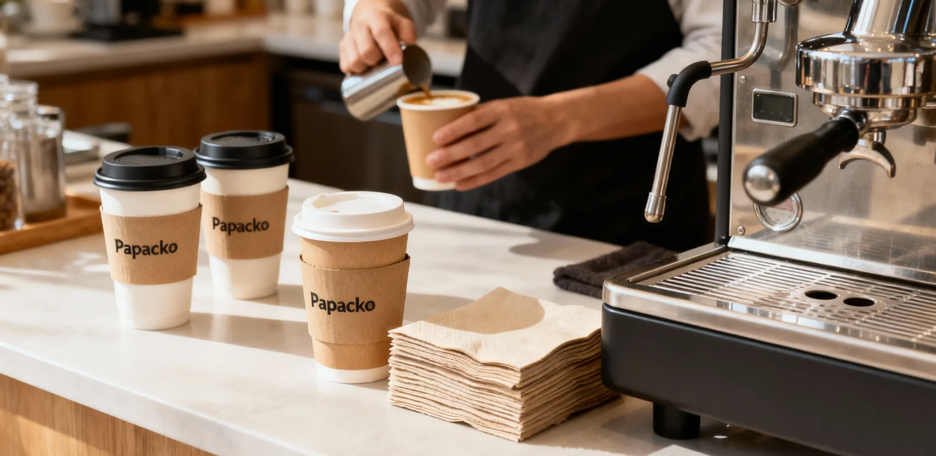 Papacko coffee cups with lids, sleeves and napkins used as coffee packaging accessories in cafés and coffee chains