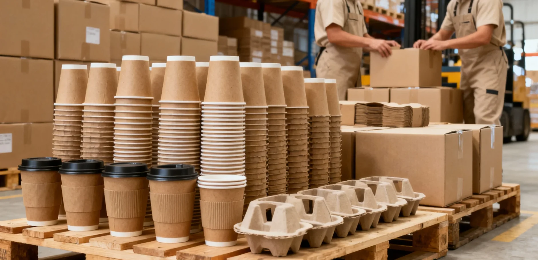 Coffee packaging accessories including cup sleeves and holders being prepared for export in warehouse for OEM and distributor packaging orders
