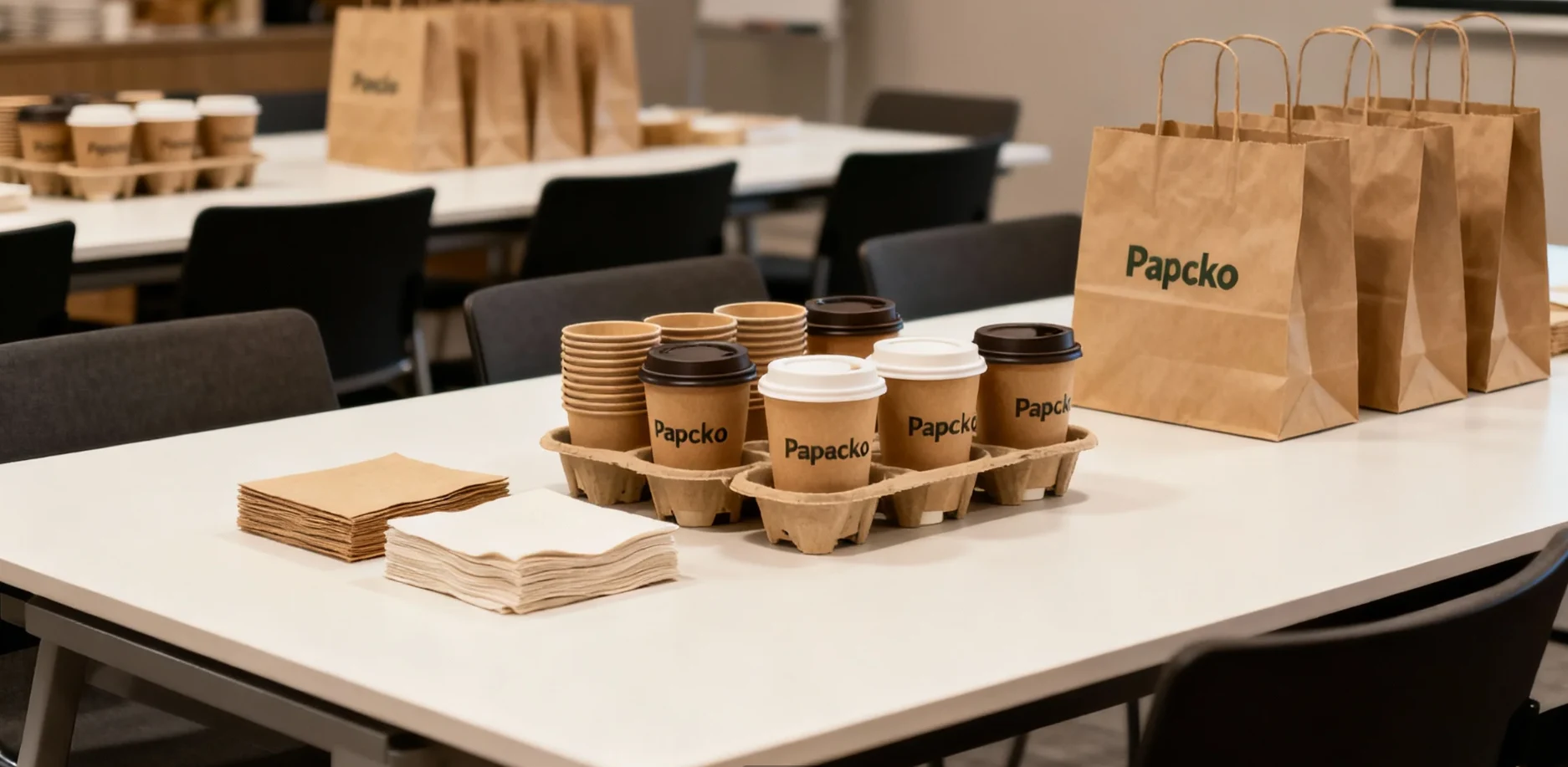 Papacko coffee packaging accessories including cups, holders and napkins arranged for office and event catering setups