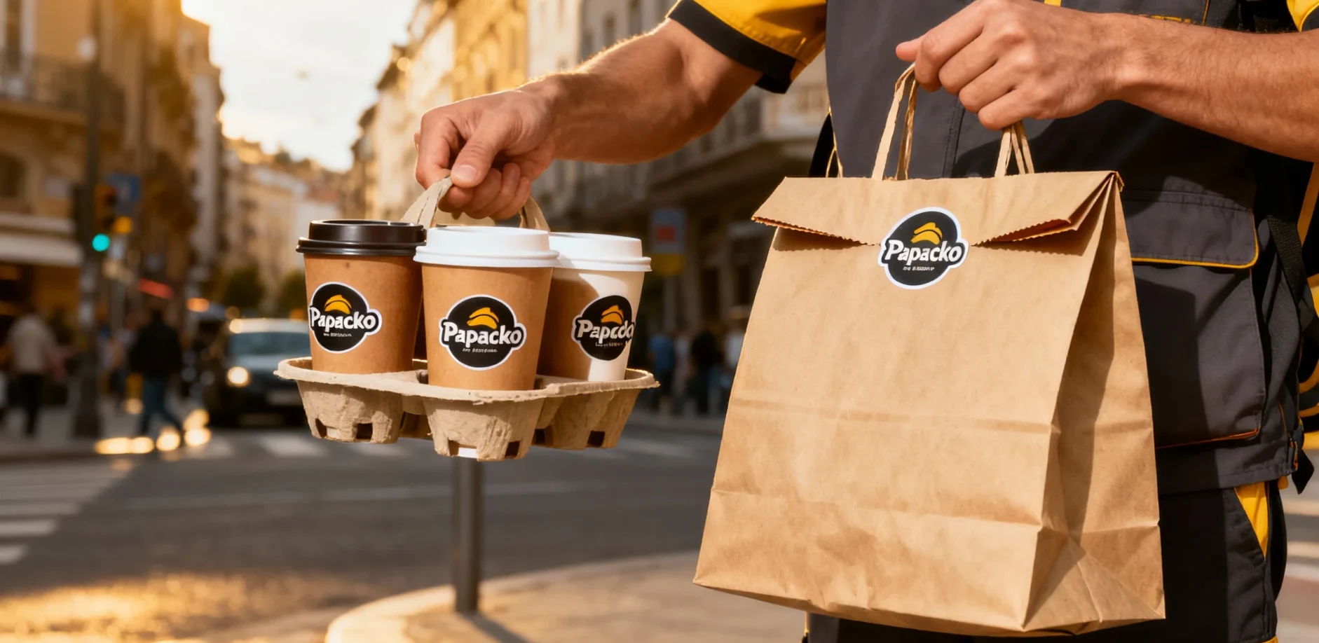 Papacko paper cup holders and kraft paper bags used as coffee packaging accessories for takeaway and delivery orders