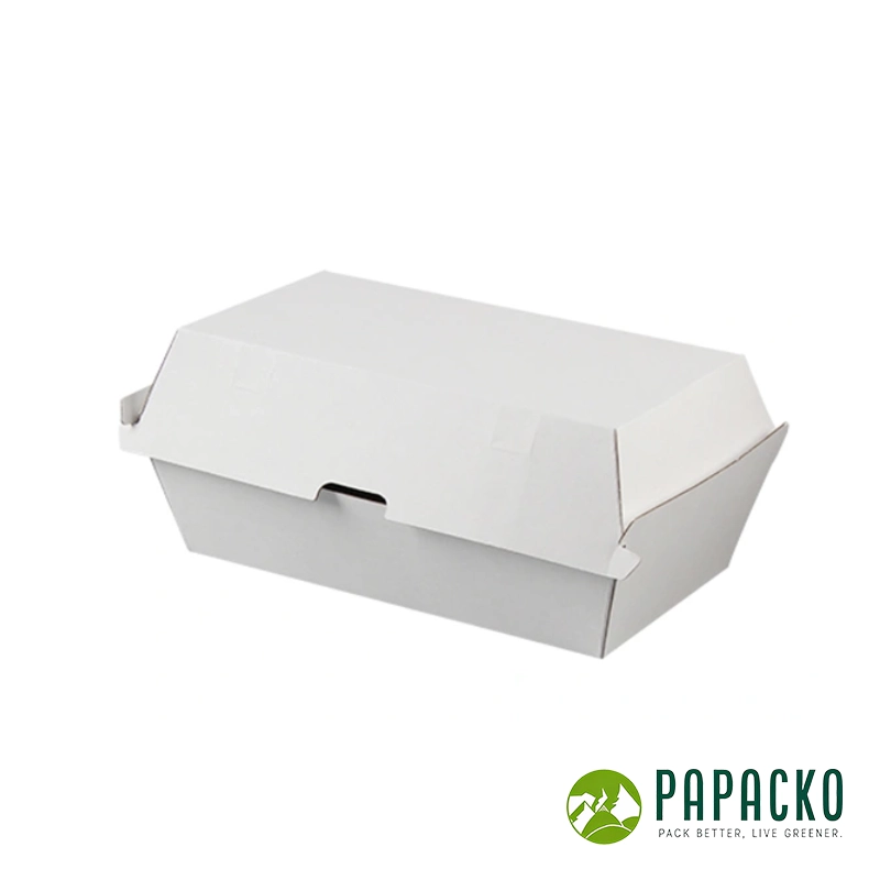 Papacko white corrugated burger long type boxes with locking tabs for food delivery and catering