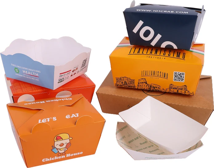 Papacko custom printed paper food boxes in various sizes and branded designs for takeaway meals and restaurant packaging