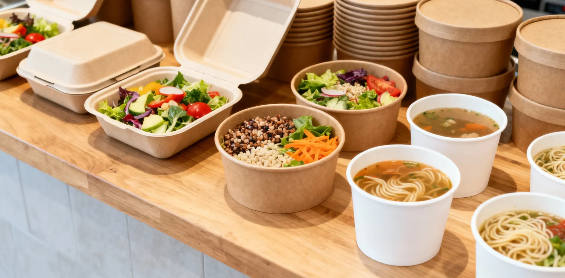 Papacko paper salad bowls and soup cups used in cafés and salad bars for fresh and hot dishes