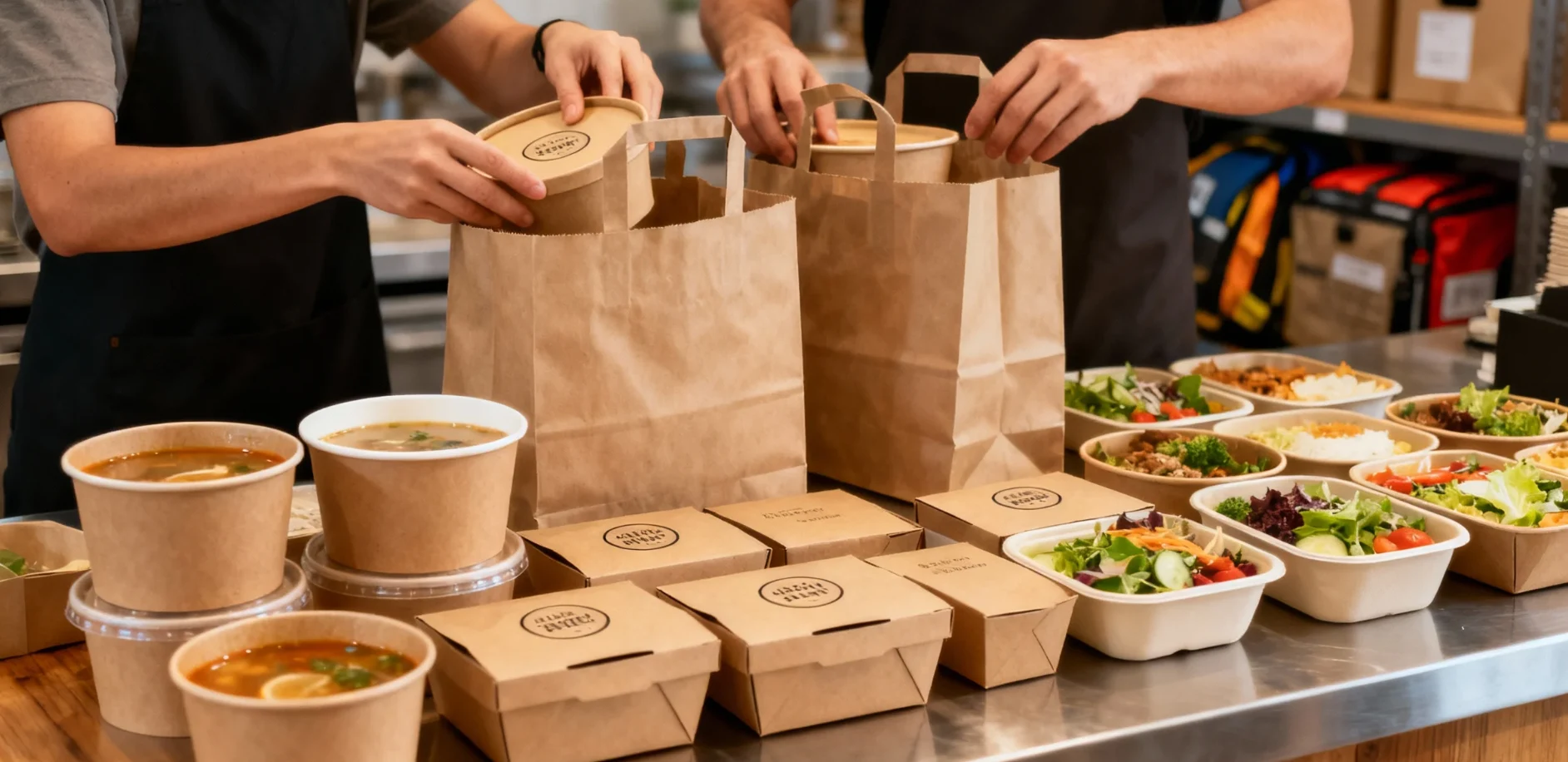 Papacko paper bowls and food boxes being packed into delivery bags for takeaway food orders