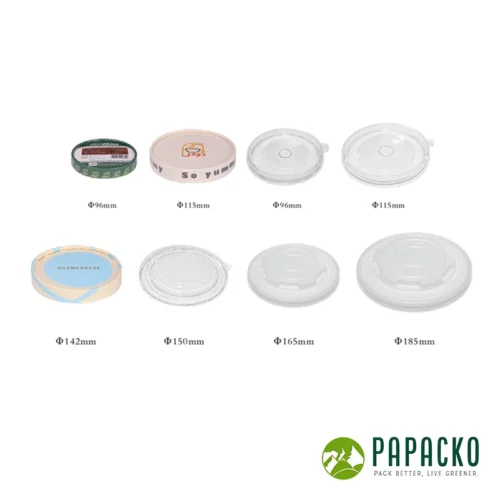 Papacko paper bowl lids in multiple diameters from 96mm to 185mm for soup and salad packaging