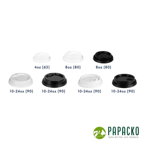 Papacko paper cup lids in 62mm 80mm 90mm sizes, black and white color, for coffee takeaway cups