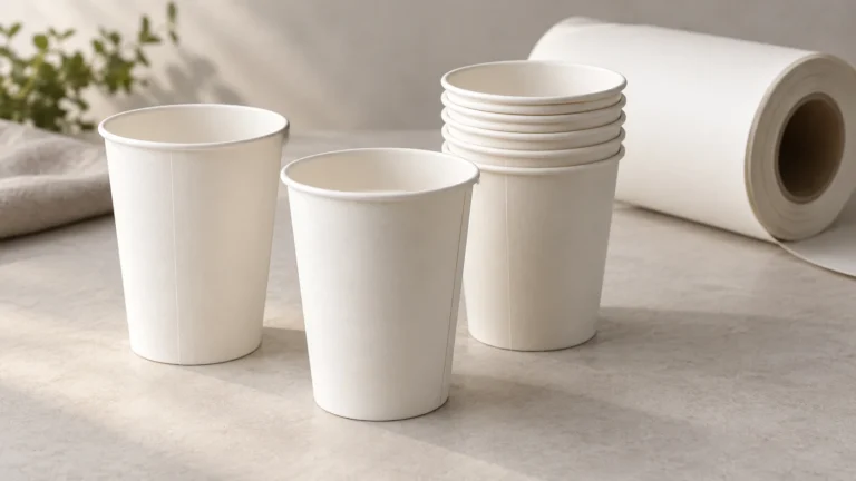 Illustration of plain white paper cups beside a roll of paperboard