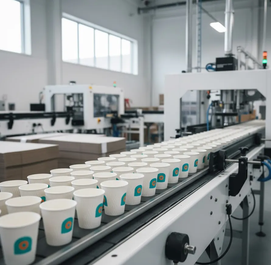 Papacko paper cup production line inside modern packaging factory