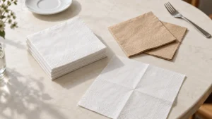 Illustration of folded white and brown paper napkins on a cafe table