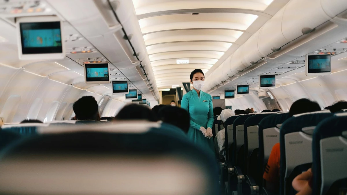 Papacko airplane galley with flight attendant preparing meal service