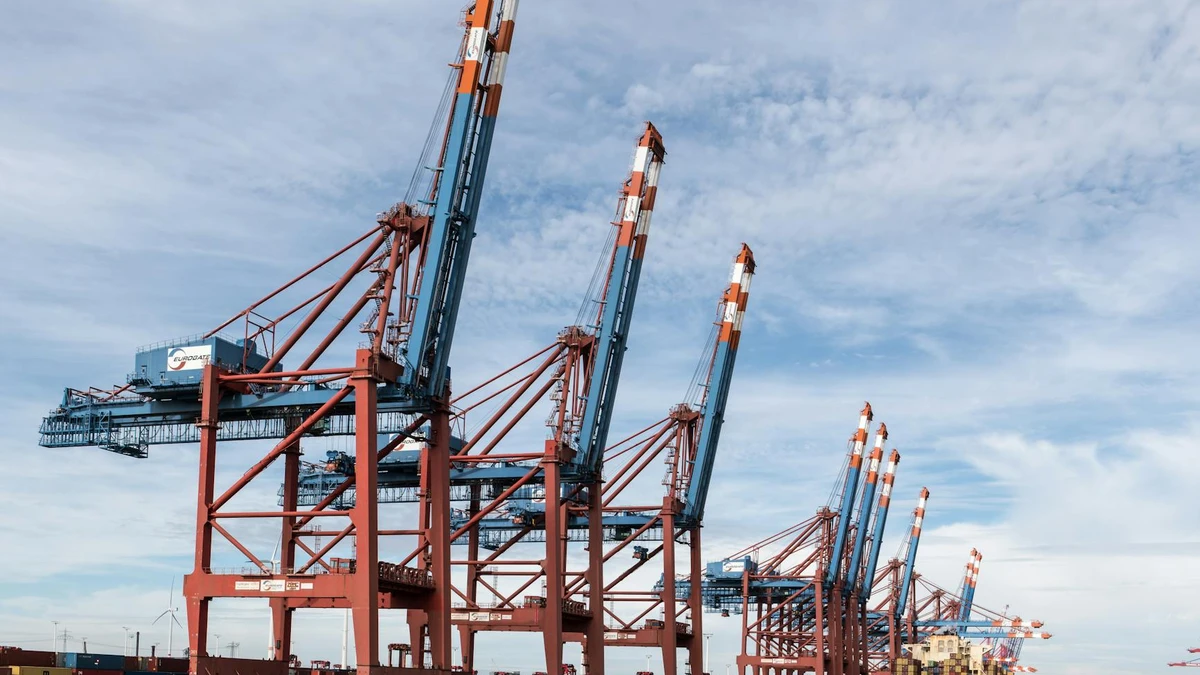 Papacko International shipping containers and cargo logistics hub with European flags visible, representing 