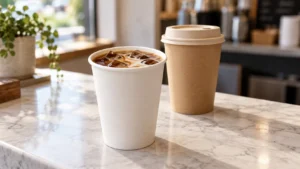 Illustrazione di un caffè freddo in un bicchiere di carta bianco accanto a un bicchiere di carta kraft con coperchio