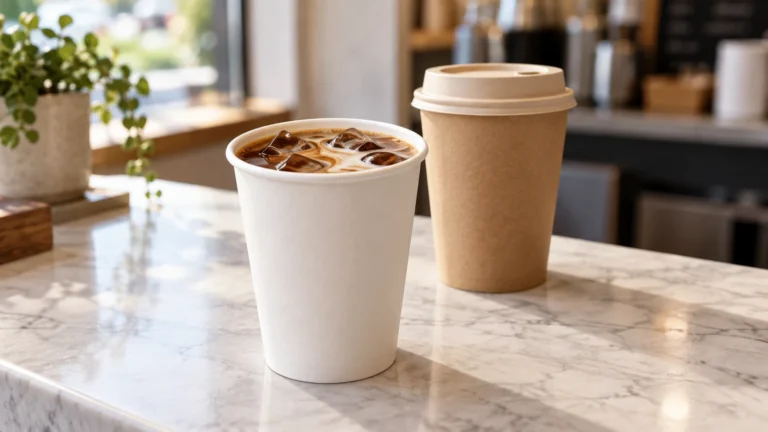 Illustrazione di un caffè freddo in un bicchiere di carta bianco accanto a un bicchiere di carta kraft con coperchio