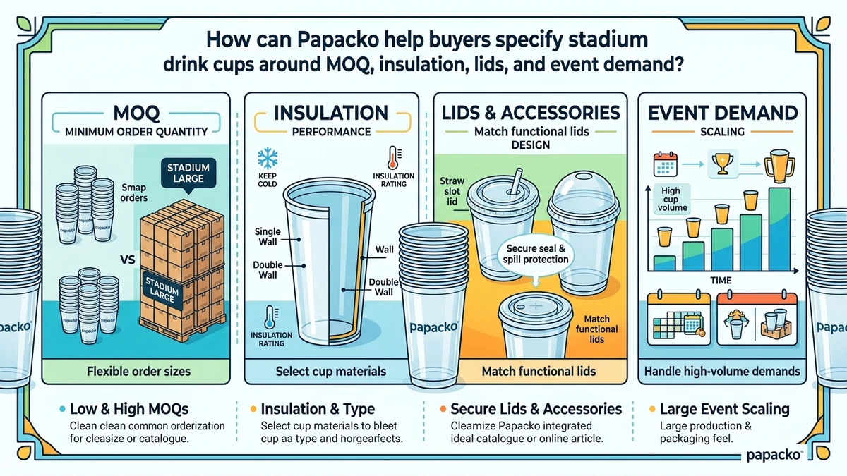 How can Papacko help buyers specify stadium drink cups around MOQ, insulation, lids, and event demand? packaging illustration for Papacko article