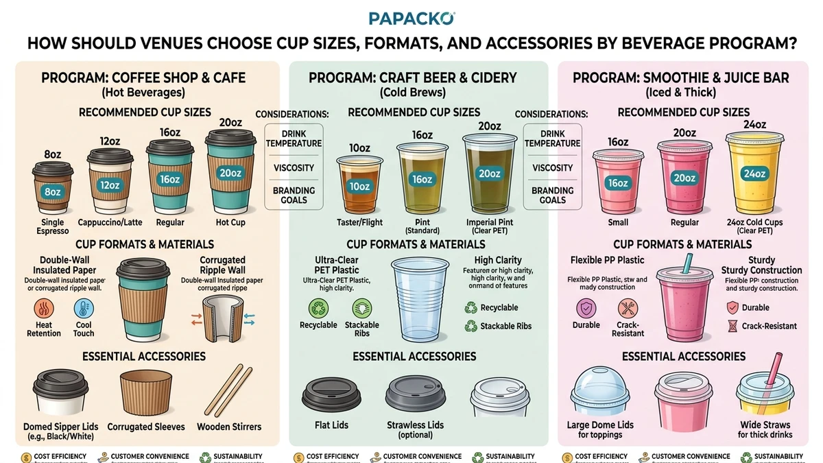 How should venues choose cup sizes, formats, and accessories by beverage program? packaging illustration for Papacko article