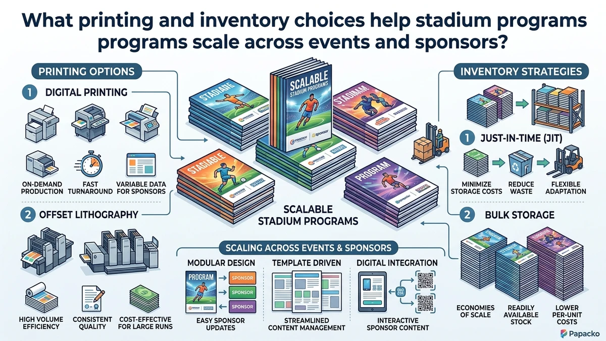 What printing and inventory choices help stadium programs scale across events and sponsors? packaging illustration for Papacko article