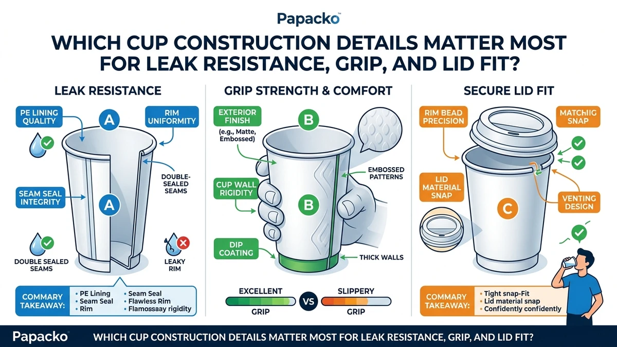 Which cup construction details matter most for leak resistance, grip, and lid fit? packaging illustration for Papacko article