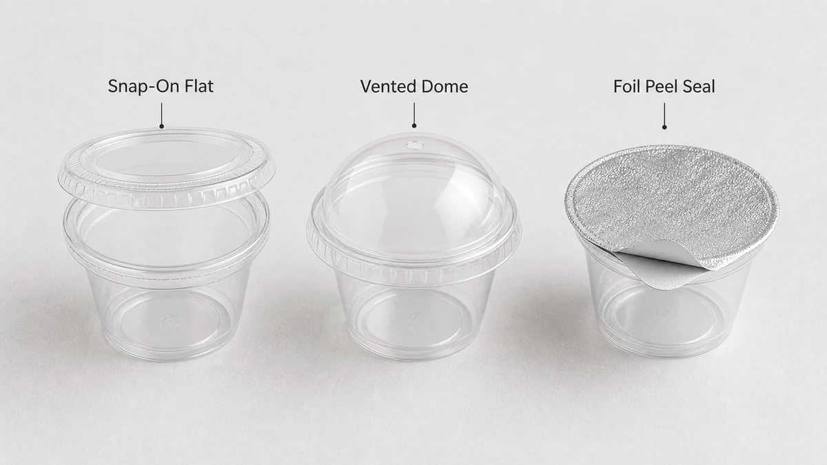 Side-by-side comparison of snap-on flat, vented dome, and foil peel seal lids for 1 oz cups