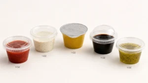 Five 1 oz plastic portion cups with lids showing different closure types and condiments