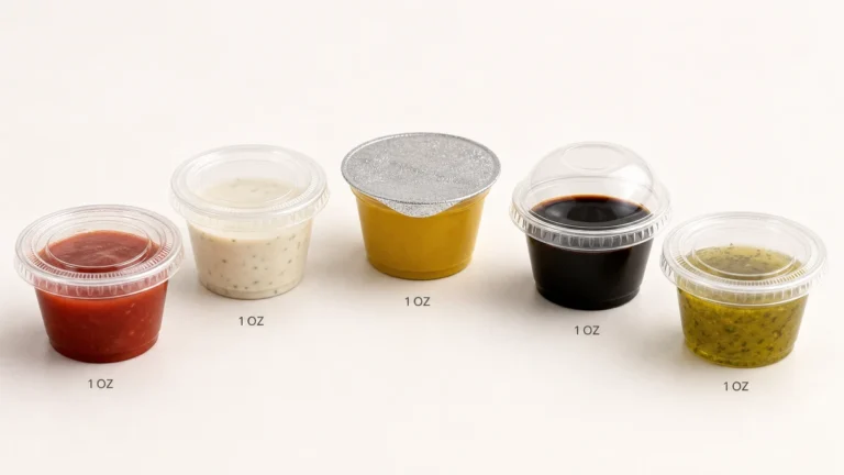 Five 1 oz plastic portion cups with lids showing different closure types and condiments