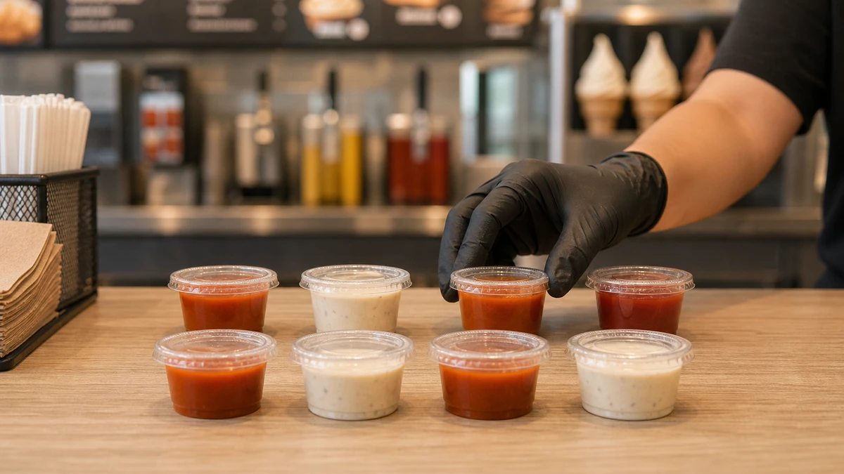 Server picking up a 1 oz snap-lid portion cup at a fast-casual condiment station