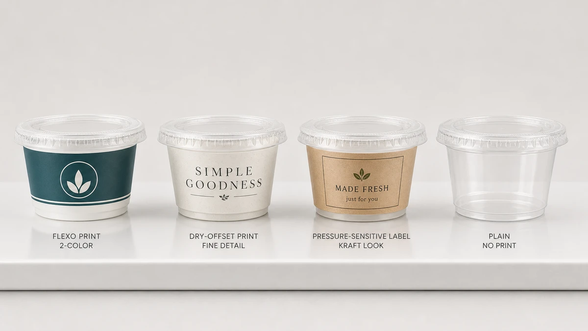 Four 1 oz portion cups showing flexographic, dry-offset, label, and plain print options side by side