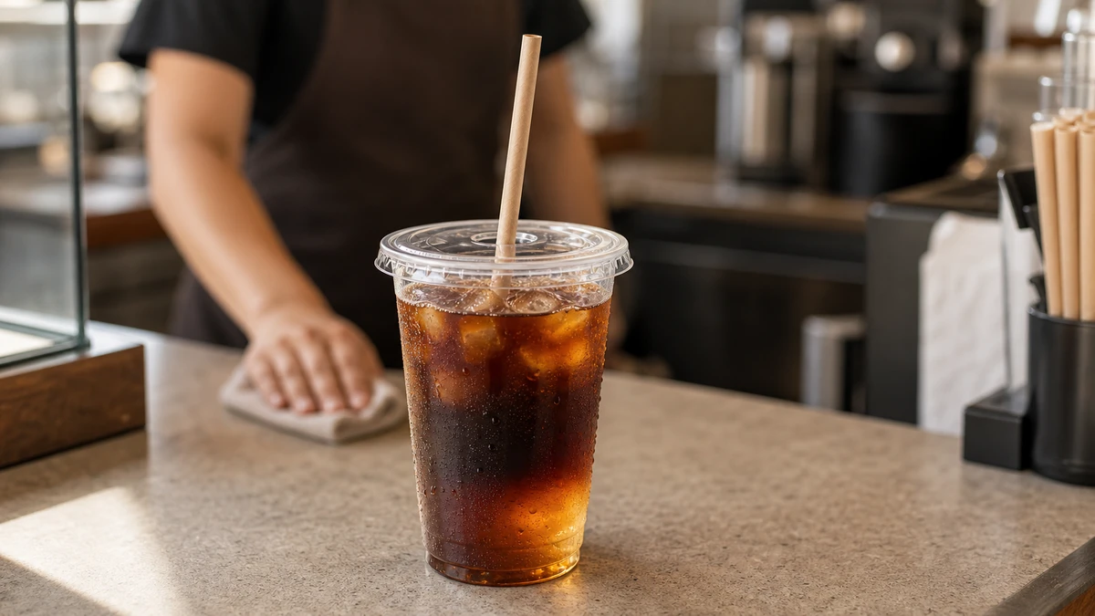 Barista serving 16 oz clear plastic cup with flat lid and cold brew at café counter