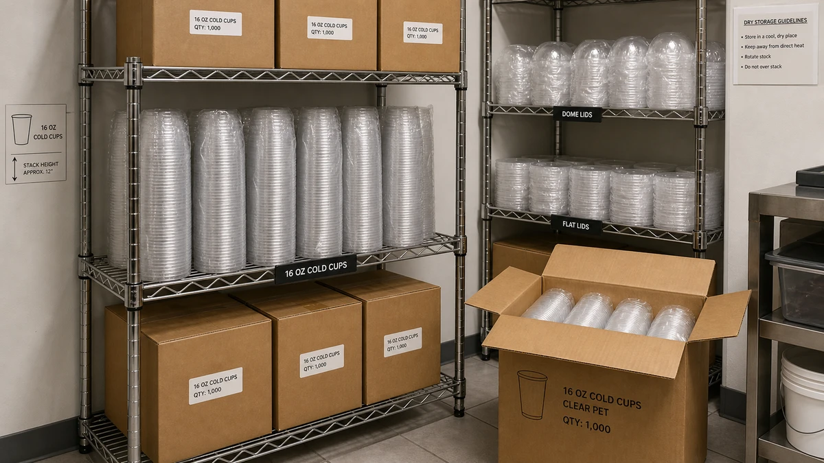 Wire shelving unit storing stacked 16 oz clear cup sleeves and lid cases in foodservice back-of-house