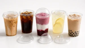Five 16 oz clear plastic cups with three lid types displayed on white surface