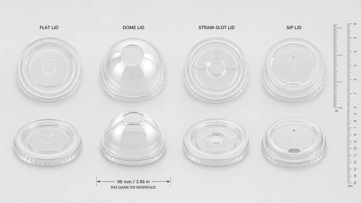 Four 16 oz cup lid types compared side by side: flat, dome, straw-slot, and sip lid