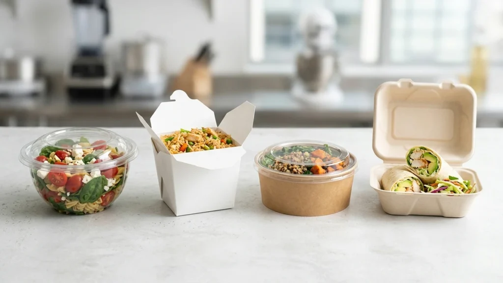 Take out container comparison showing plastic, paper, kraft, and compostable food packaging options.