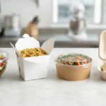 Take out container comparison showing plastic, paper, kraft, and compostable food packaging options.