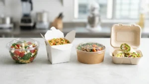 Take out container comparison showing plastic, paper, kraft, and compostable food packaging options.